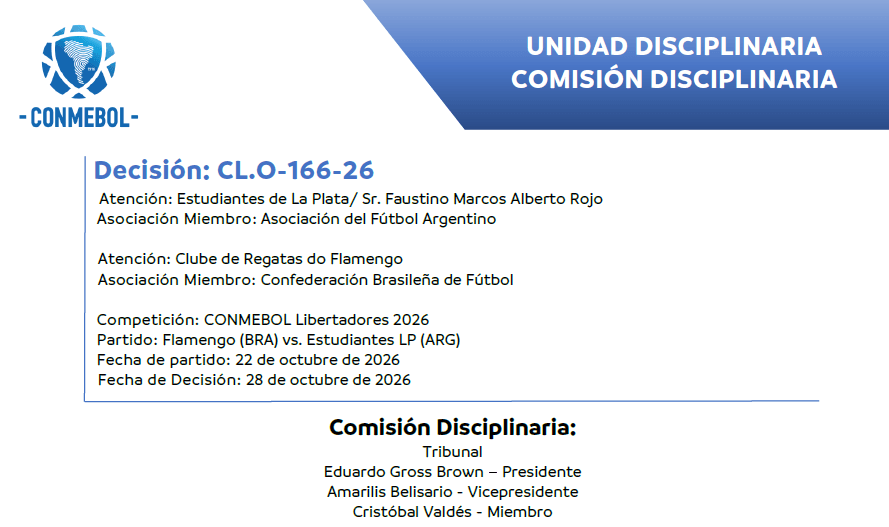 Resolución de la Comisión Disciplinaria de la CONMEBOL