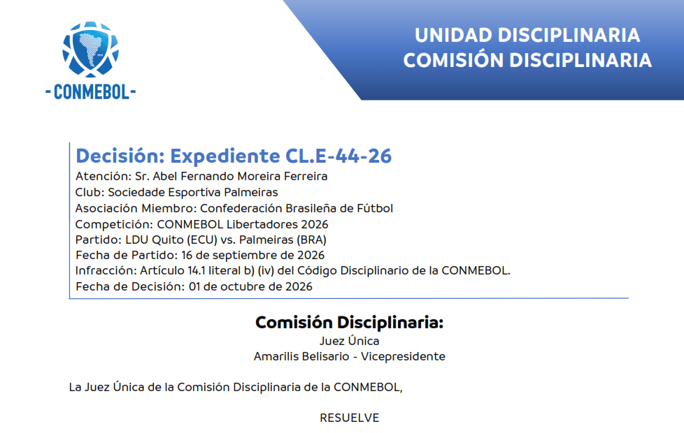 Suspensión y multa al Sr. Abel Fernando Moreira Ferreira
